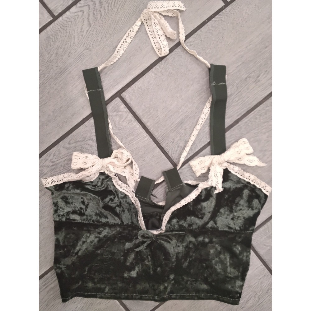 Handmade Forest Green Crushed Velvet Crop Top Lace w Bows Halter Coquette Style